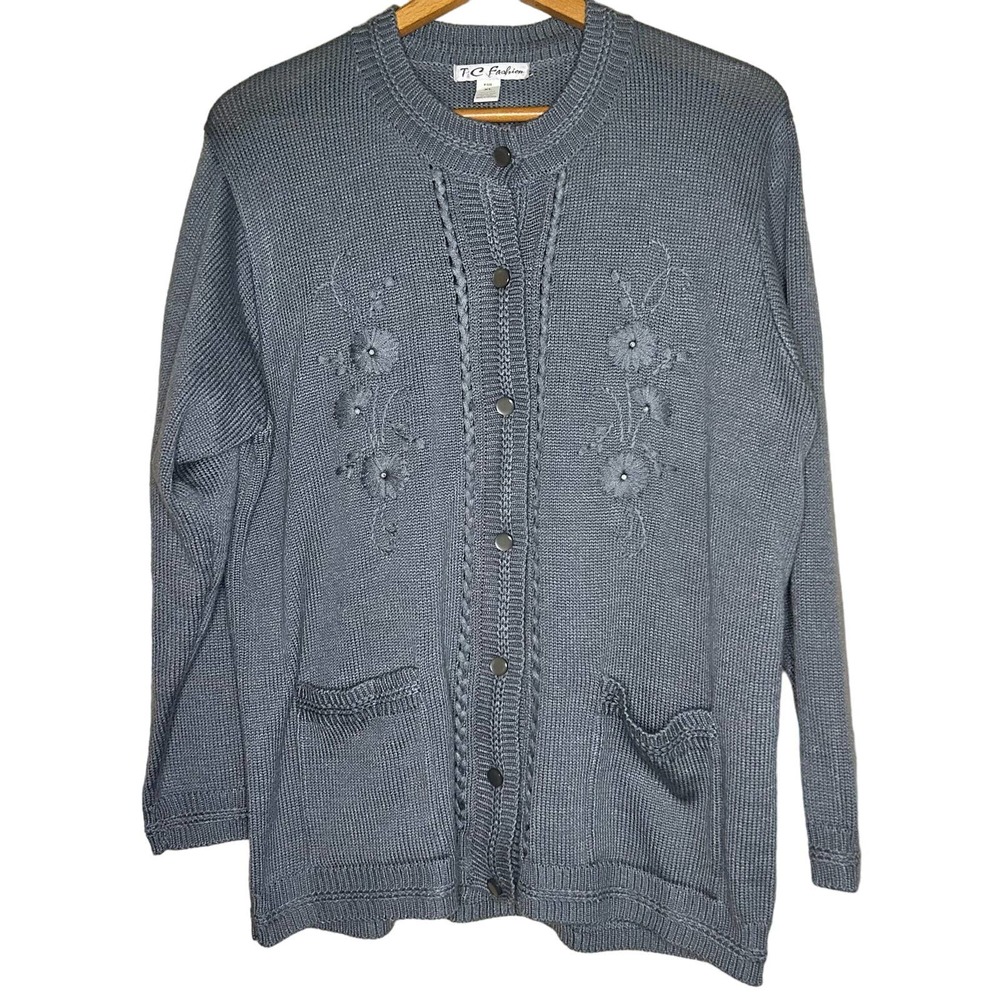 FLORAL gray knit cardigan TC fashion size xl vintage grannycore